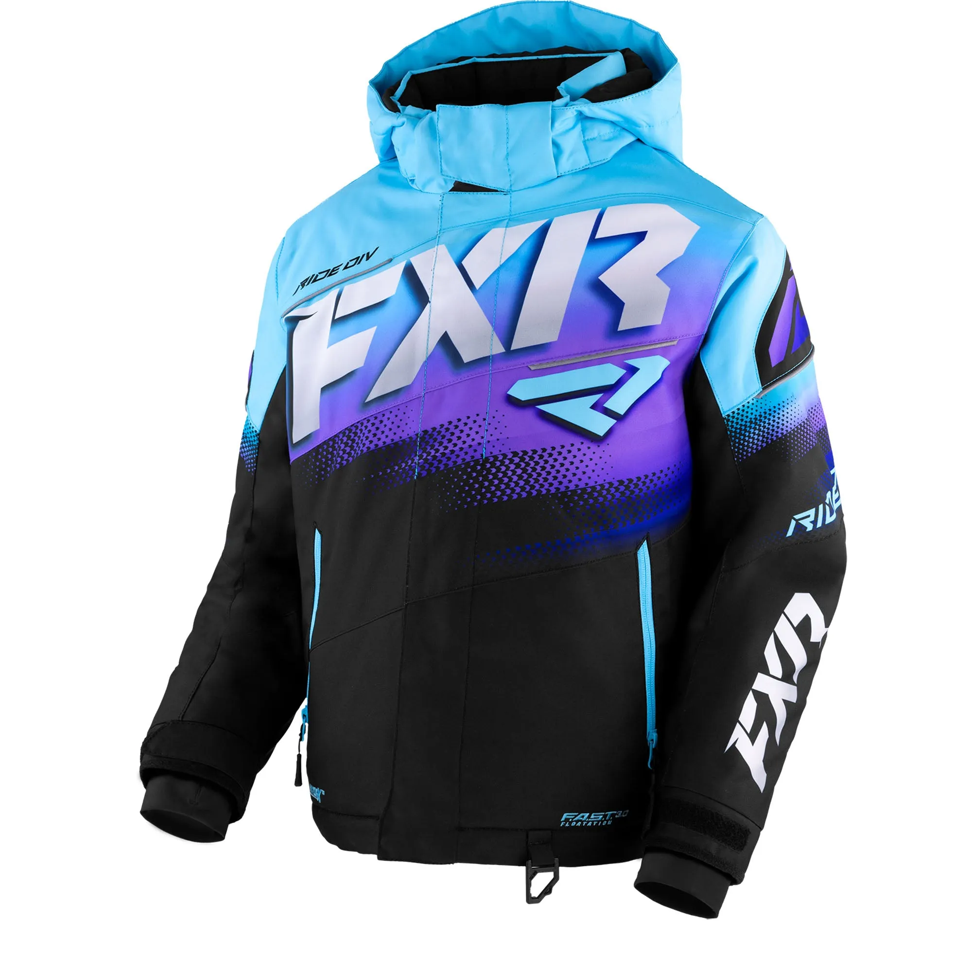 FXR Youth Boost Snowmobile Jacket Black/Sky-Purple Fade Blue