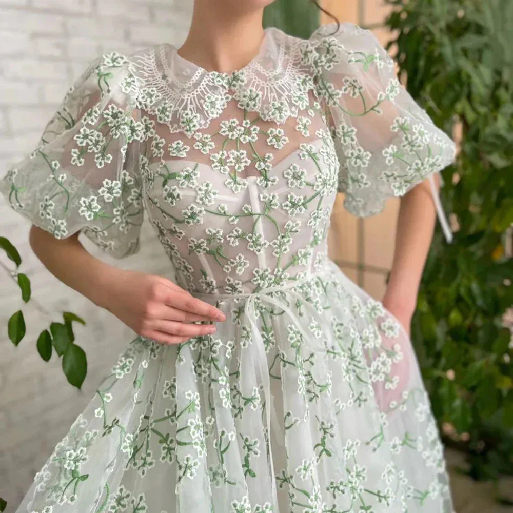 Girlary Green Printing Flowers Short Sleeves Prom Gown Celebrity Banquet Dress Robe De Soiree Sparkly Stylish Maxi  Evening