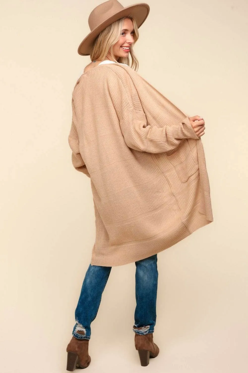 Haptics Stripe Textured Open Front Cardigan In Taupe