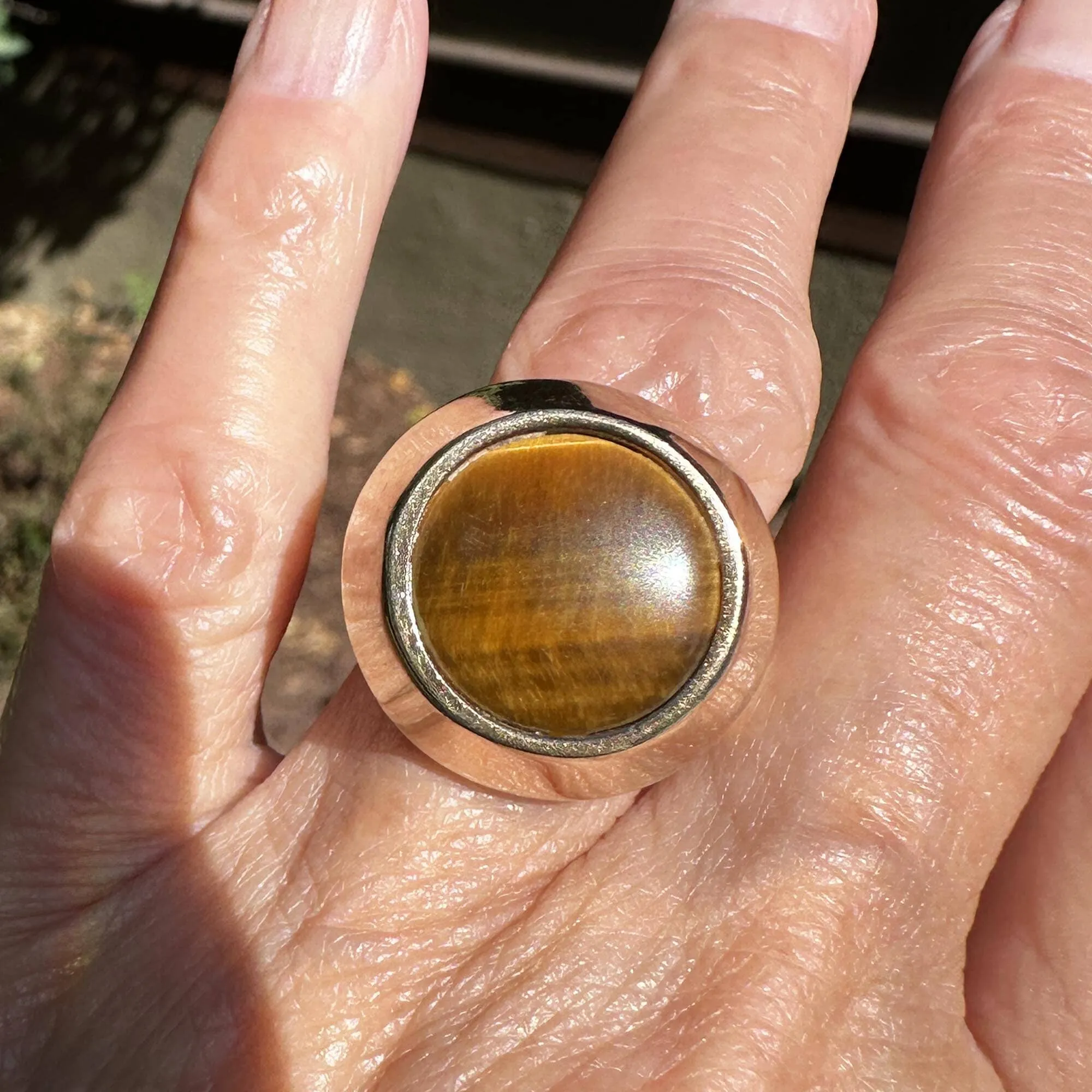 Heavy Modernist 14K Gold Tigers Eye Ring, 9.5 Grams