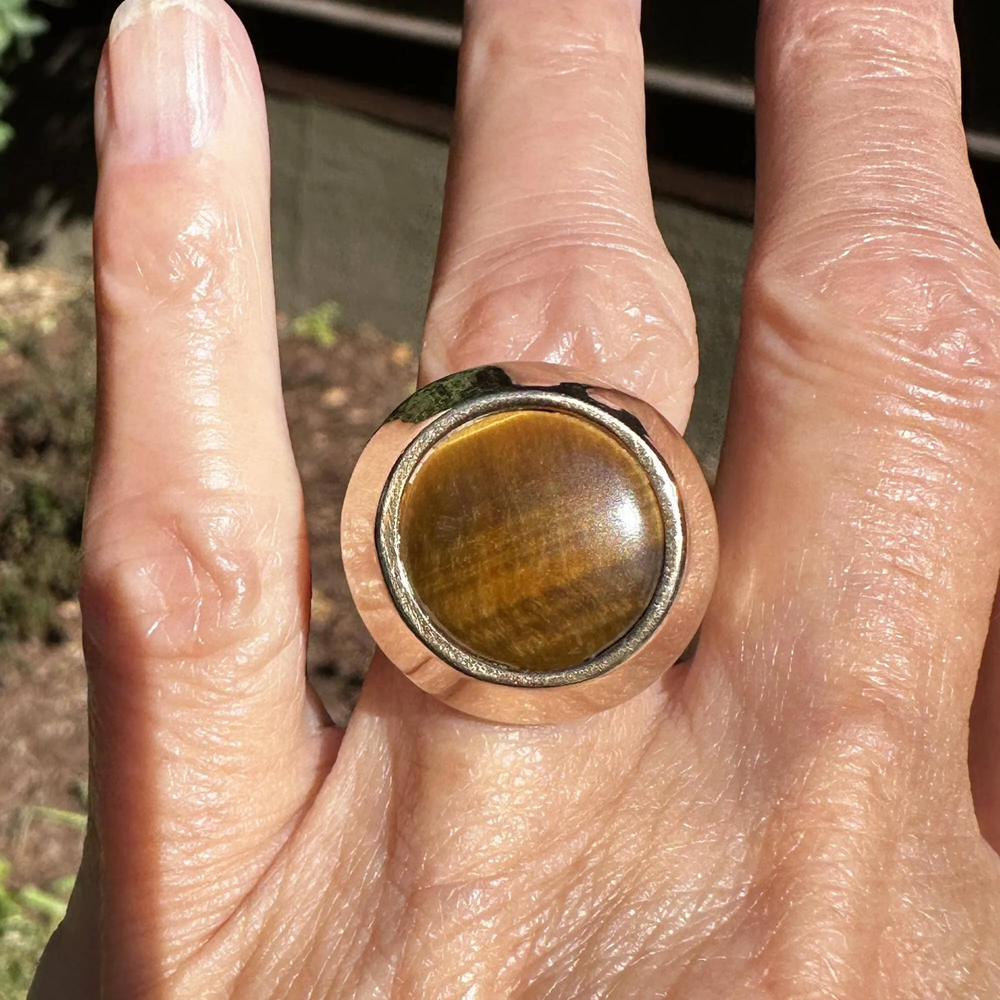 Heavy Modernist 14K Gold Tigers Eye Ring, 9.5 Grams