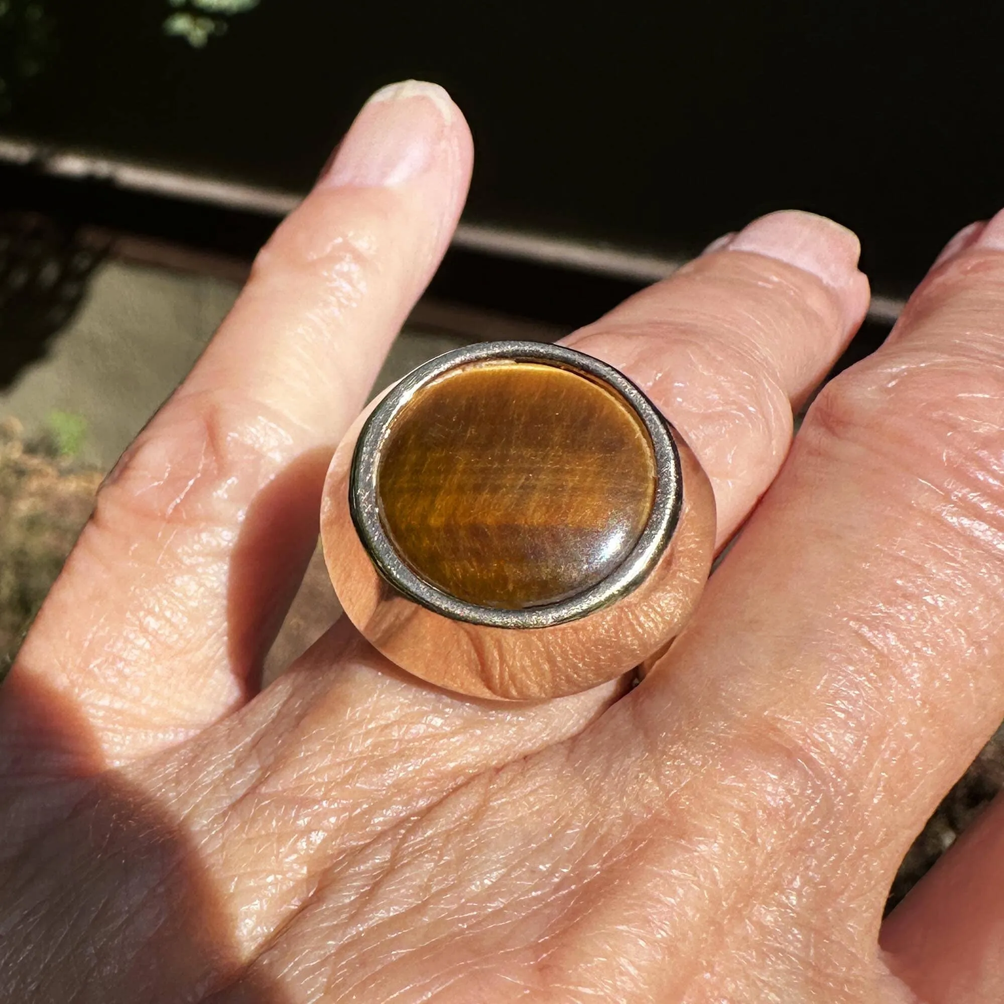 Heavy Modernist 14K Gold Tigers Eye Ring, 9.5 Grams