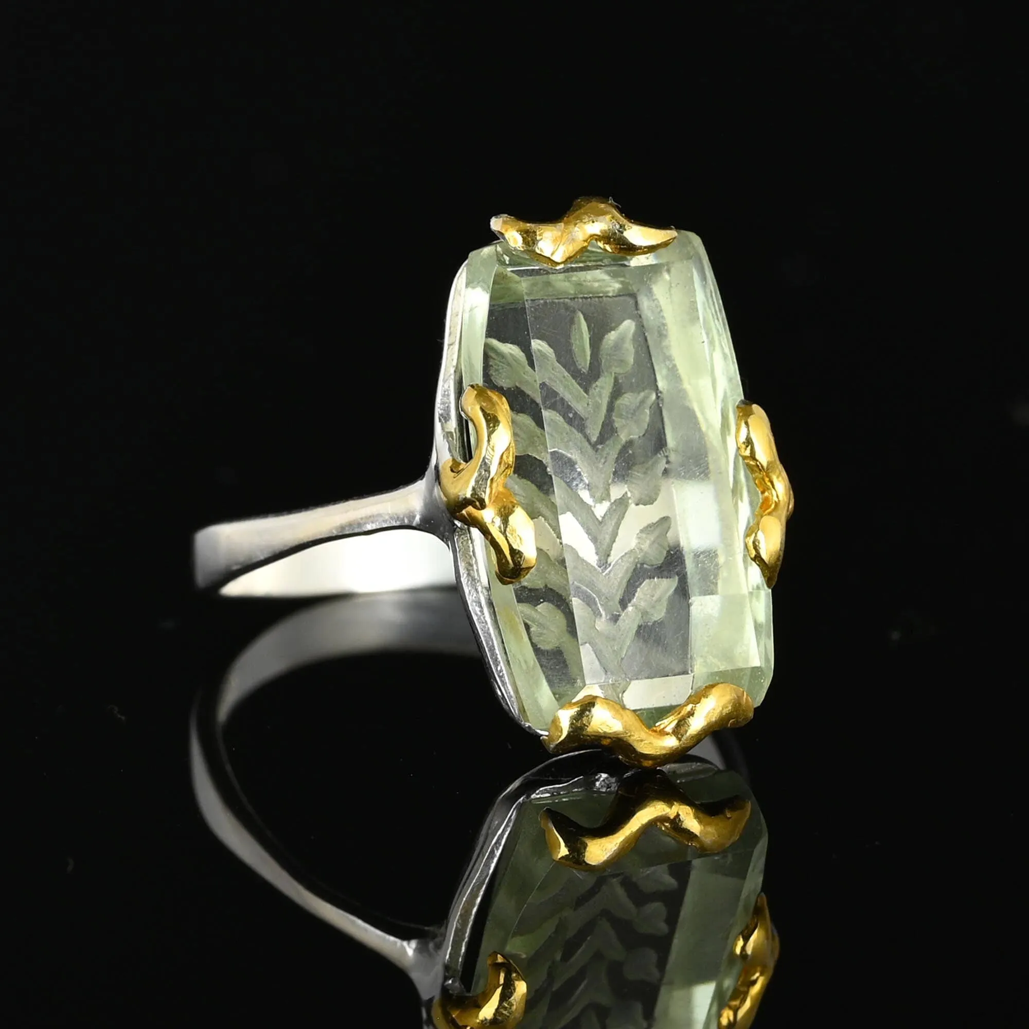 Intaglio Green Amethyst Ring in Gold Sterling Silver