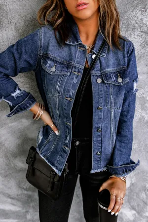 Lapel Distressed Raw Denim Jacket