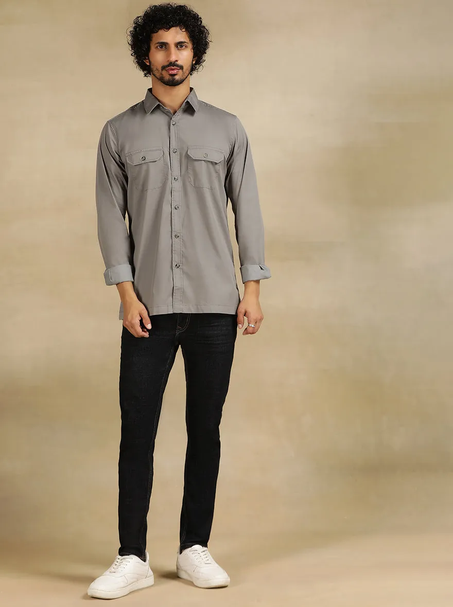 Light Grey Solid Slim Fit Casual Shirt | JadeBlue