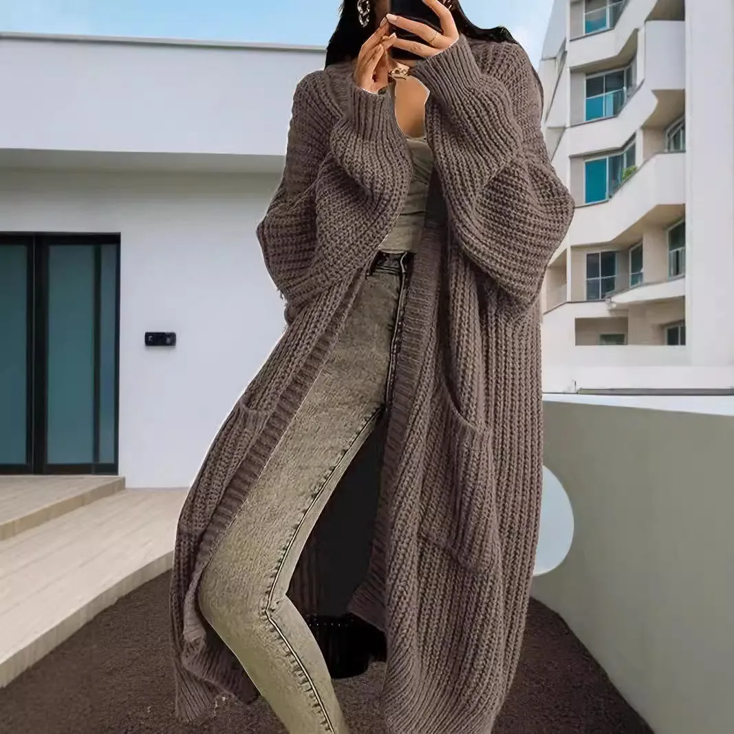 Loose Pocket Long Sleeve Long Sweater Cardigan