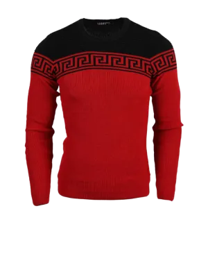 Lrlagos Red and Black Men's Crewneck Sweaters Greek Key style Light Blend Slim Fit