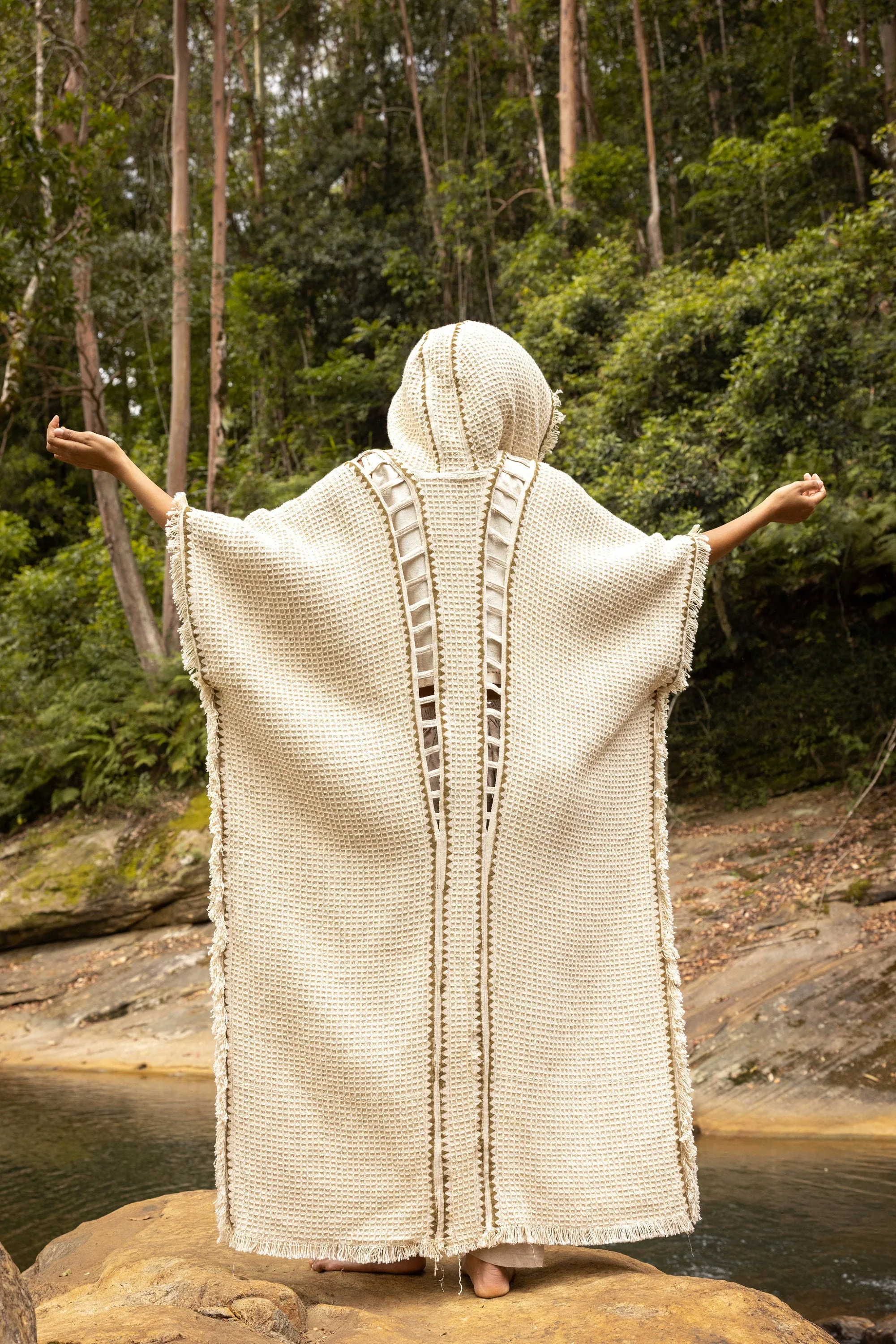 MAGOS WIZARD Ivory Beige Long Hooded Kimono Vest Robe Tribal Ritual Ceremony Gypsy Festival Magic Ritual Primitive Rave Boho Earthy AJJAYA