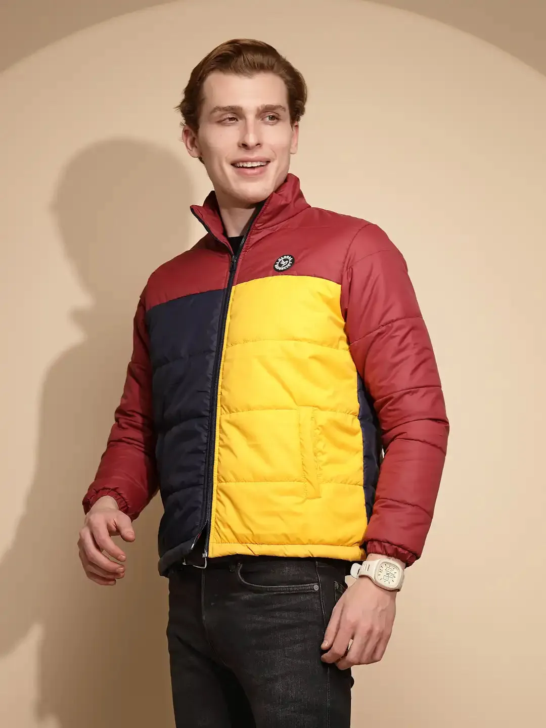 Men Red and Yellow Color Block Full Sleeve Turtle Neck Polycotton Jacket