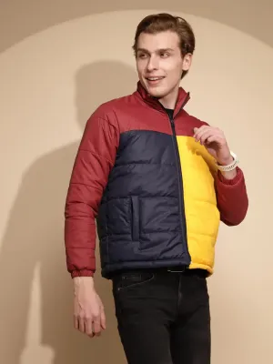 Men Red and Yellow Color Block Full Sleeve Turtle Neck Polycotton Jacket