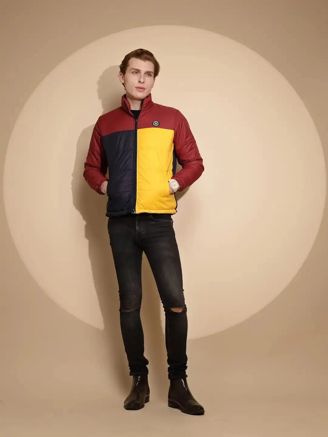 Men Red and Yellow Color Block Full Sleeve Turtle Neck Polycotton Jacket