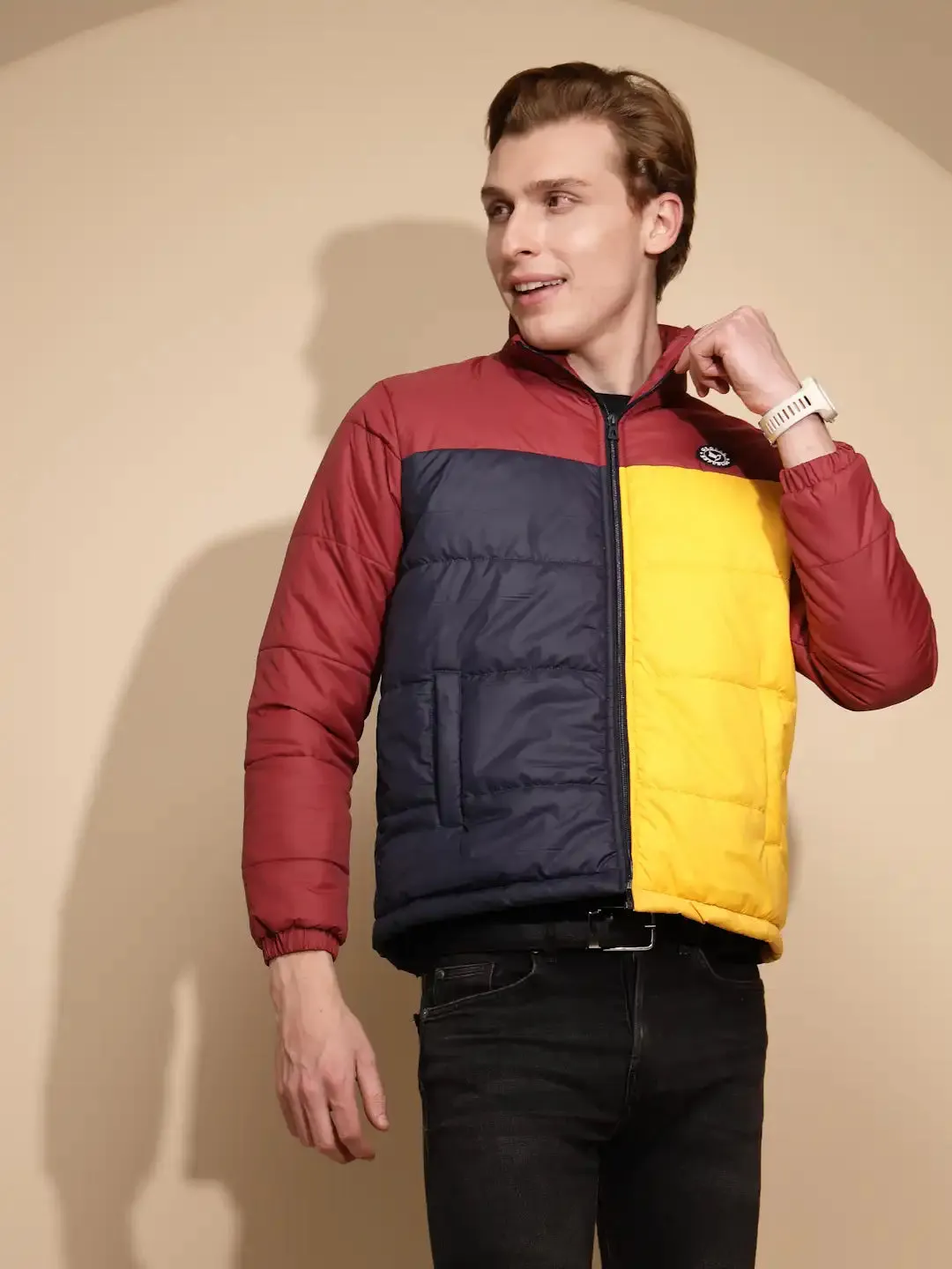 Men Red and Yellow Color Block Full Sleeve Turtle Neck Polycotton Jacket