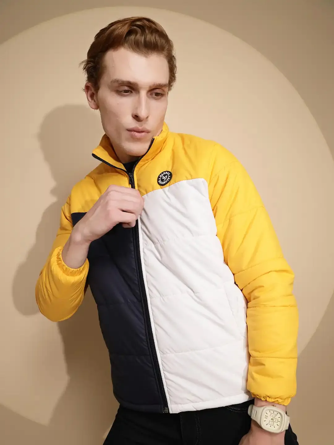 Men Yellow and White Color Block Full Sleeve Turtle Neck Polycotton Jacket