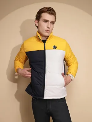 Men Yellow and White Color Block Full Sleeve Turtle Neck Polycotton Jacket