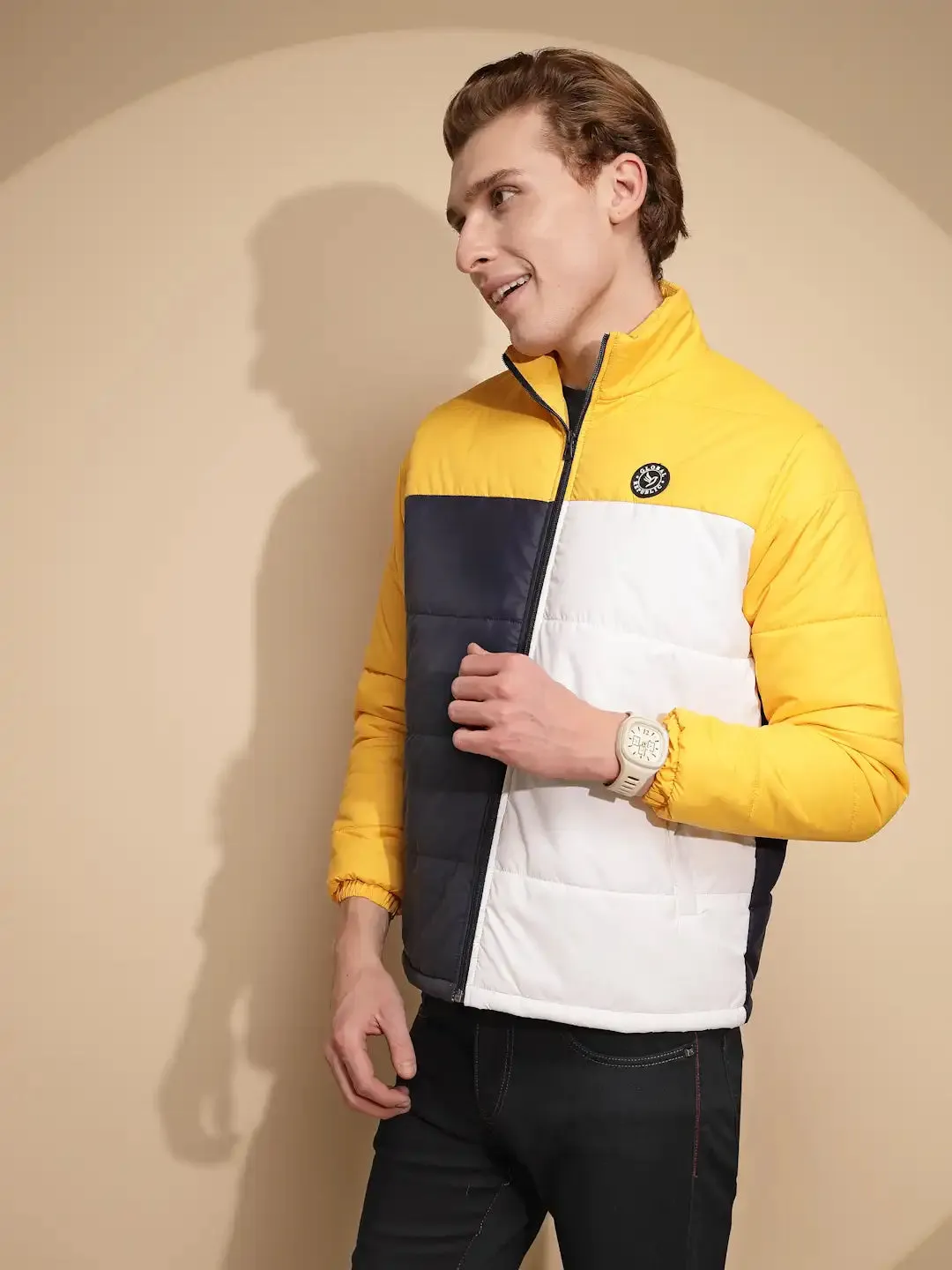 Men Yellow and White Color Block Full Sleeve Turtle Neck Polycotton Jacket