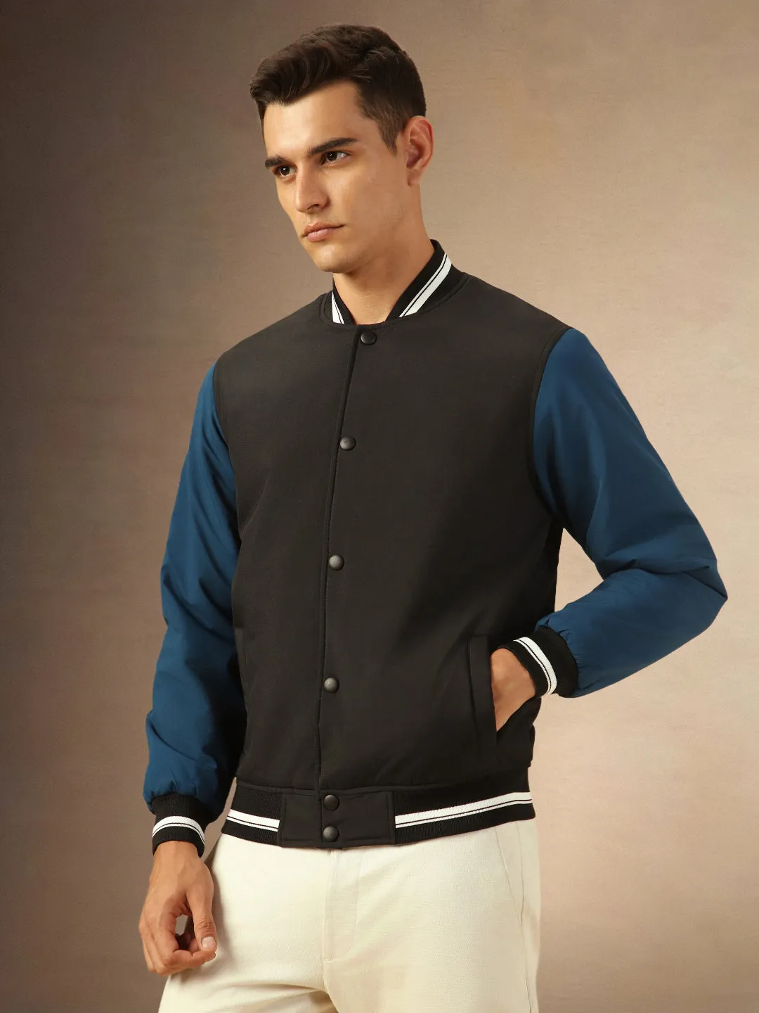 Men's Black & Blue Full Sleeves Rib Collar Bomber Jacket