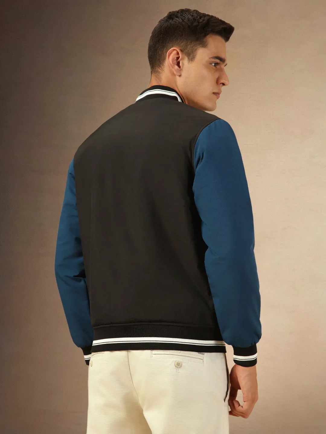 Men's Black & Blue Full Sleeves Rib Collar Bomber Jacket