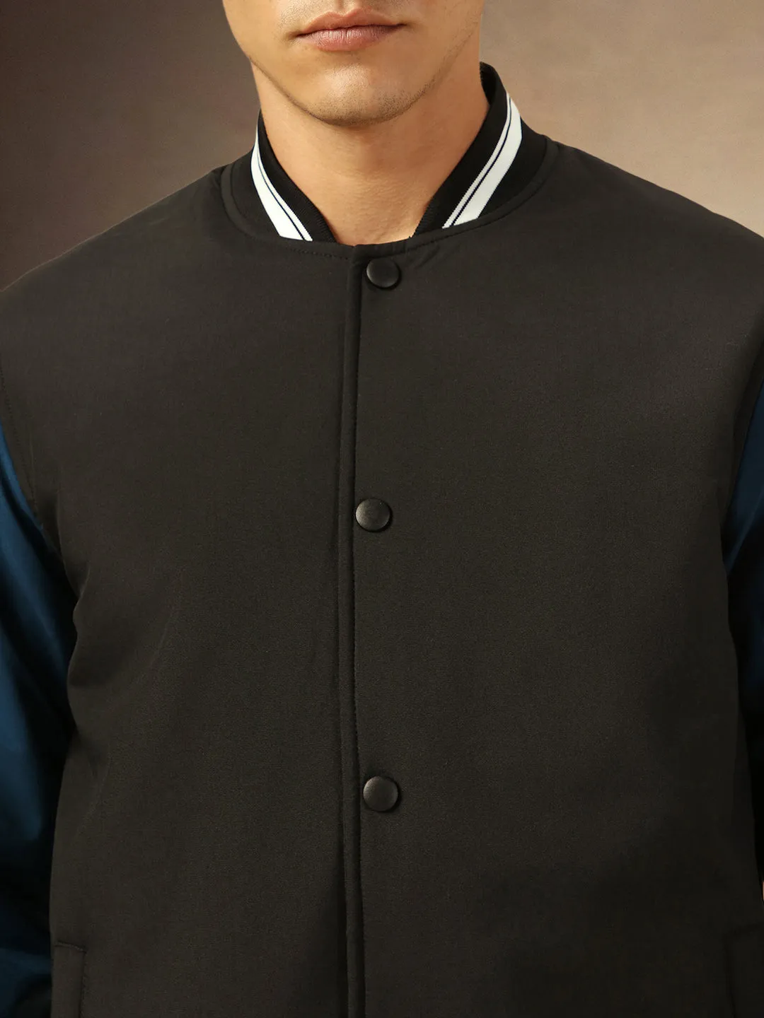 Men's Black & Blue Full Sleeves Rib Collar Bomber Jacket