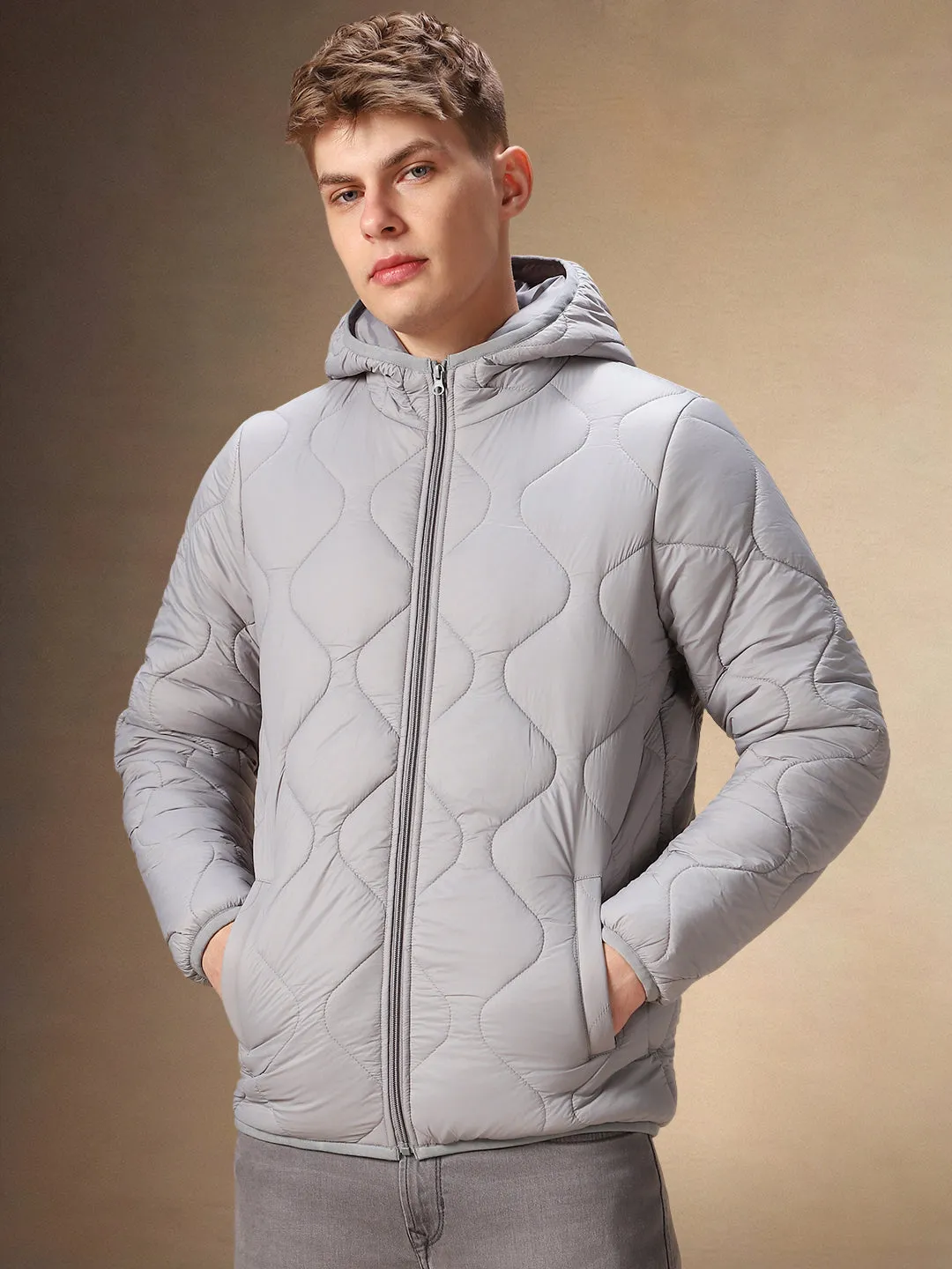 Men's Solid Grey Quilted Full Sleeves Hooded Puffer Jacket