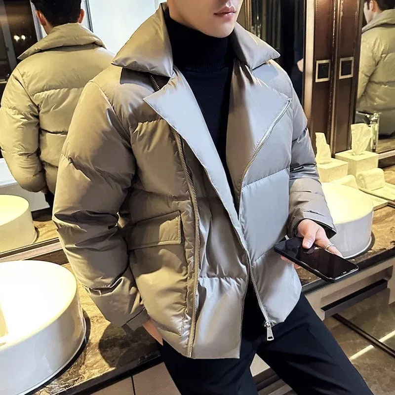 Men's Winter White Duck Down Jacket – High-Quality Short Loose Fit Coat with Large Lapel for Warmth & Streetwear Style