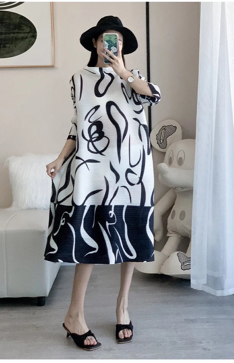 Miyake Pleated Printed Three-quarter Sleeves Midi Dress