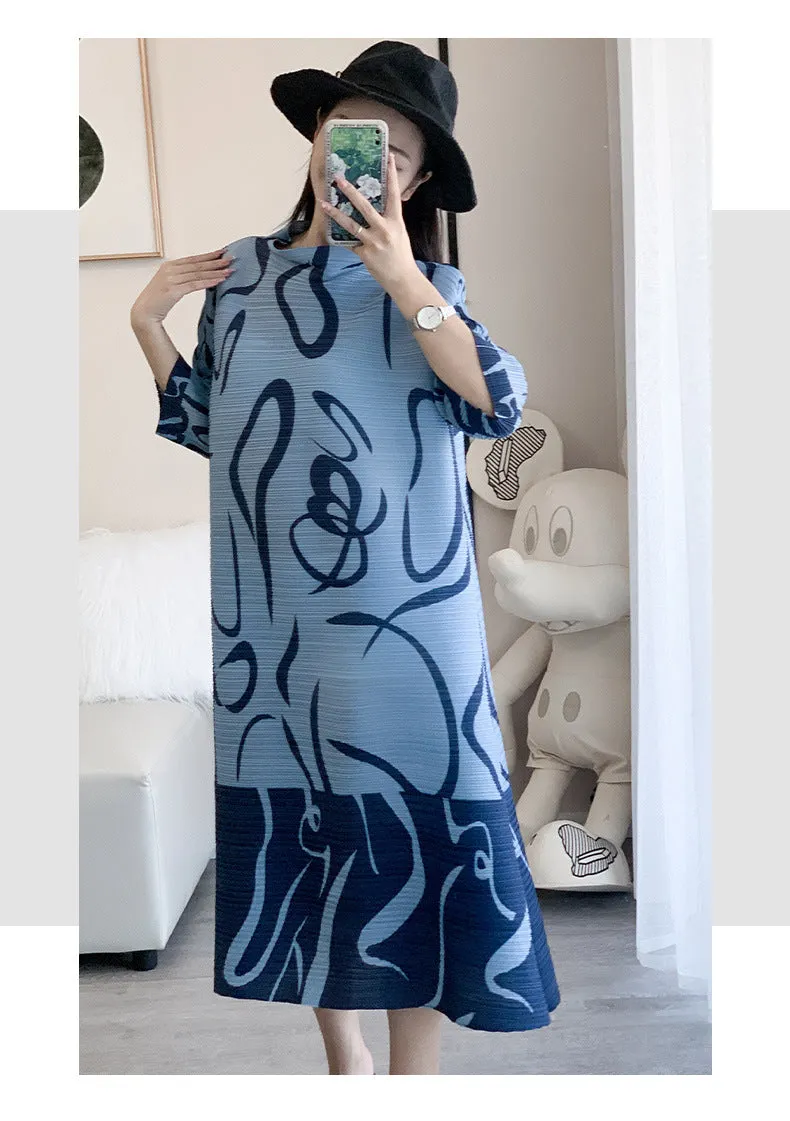 Miyake Pleated Printed Three-quarter Sleeves Midi Dress