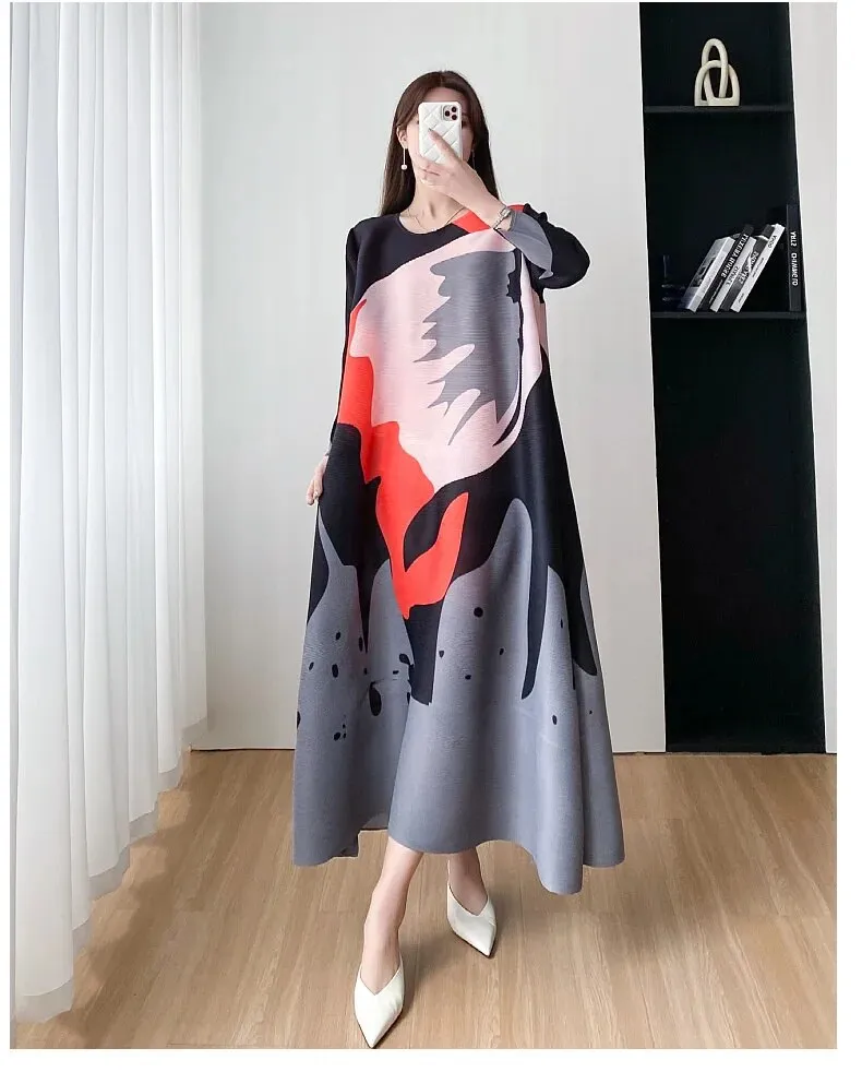 Miyake  Pleated Round Neck A-Line Dress