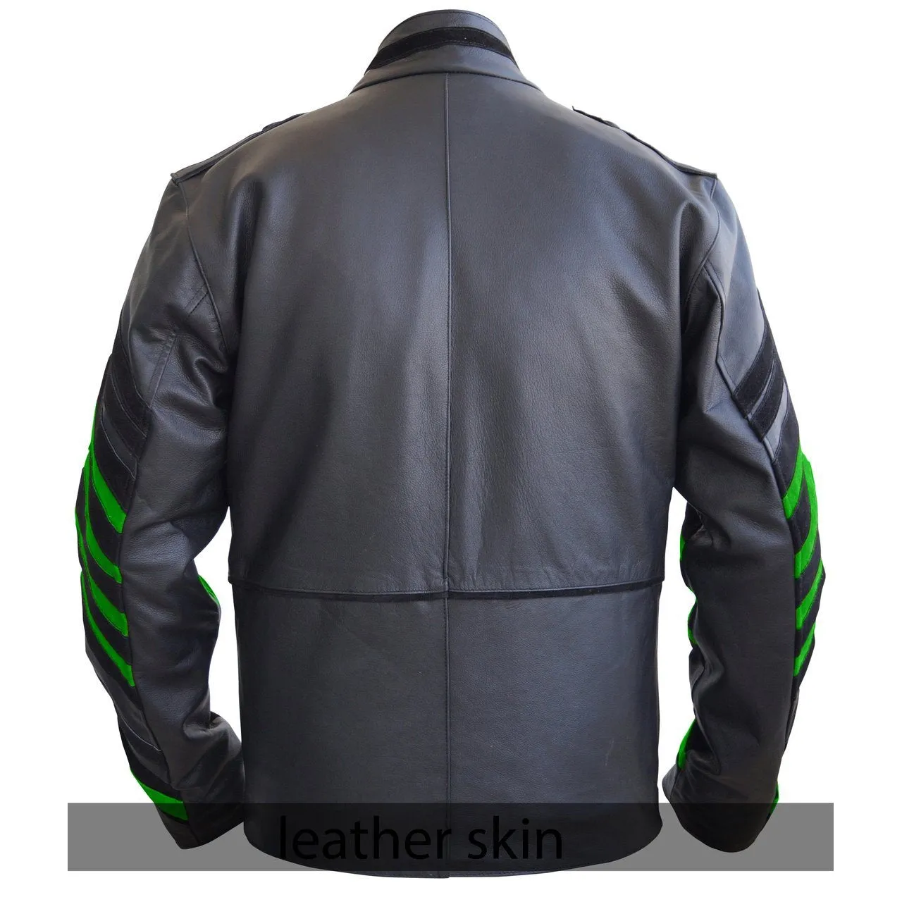 NWT Stylish Black Men Miltary Genuine Leather Jacket with green Sleeves