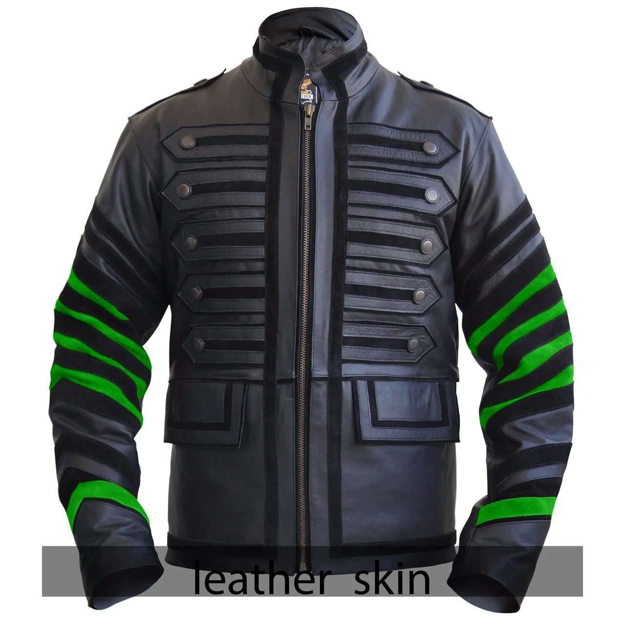 NWT Stylish Black Men Miltary Genuine Leather Jacket with green Sleeves