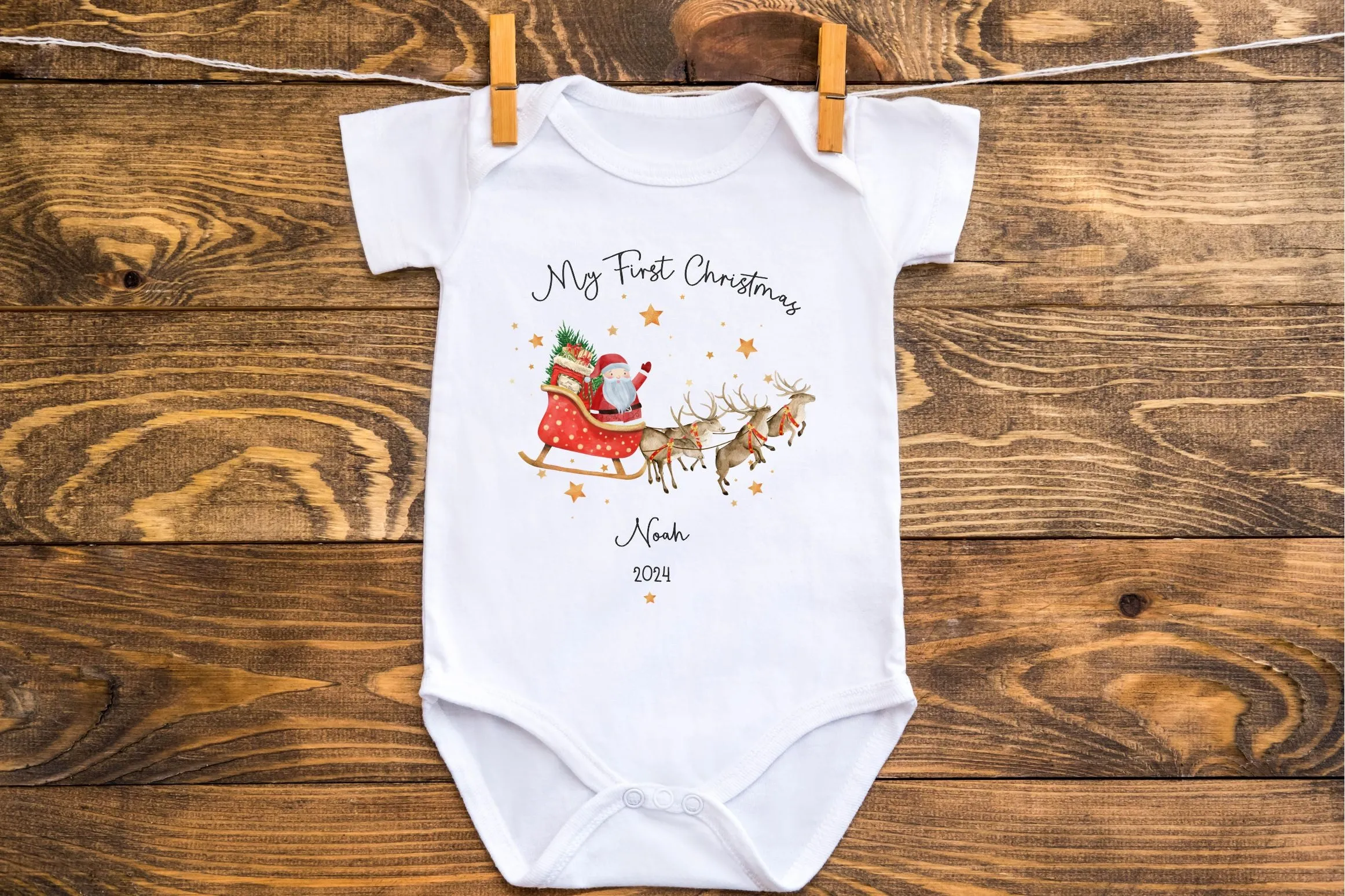 Personalised First Christmas Baby outfit- My First Christmas Sleepsuit or Vest  - 1st Xmas Santa Sleigh