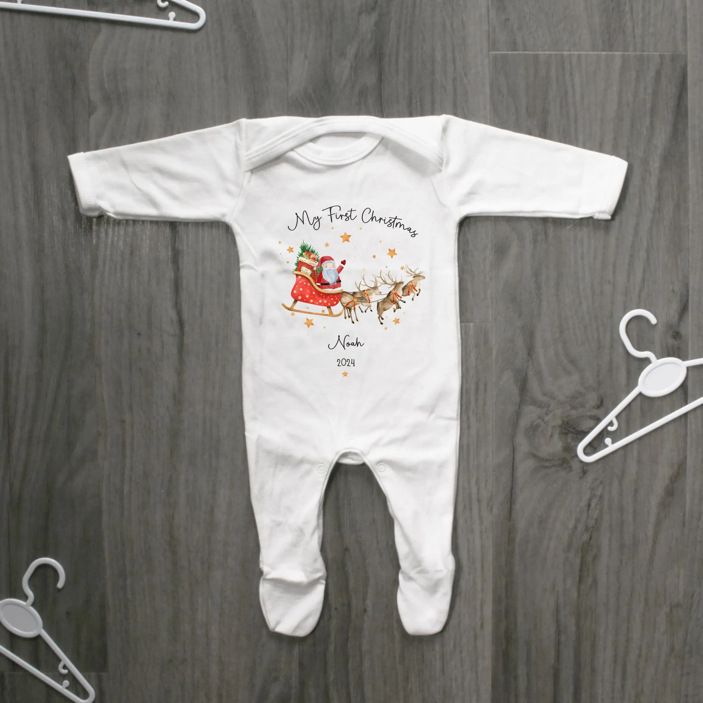 Personalised First Christmas Baby outfit- My First Christmas Sleepsuit or Vest  - 1st Xmas Santa Sleigh