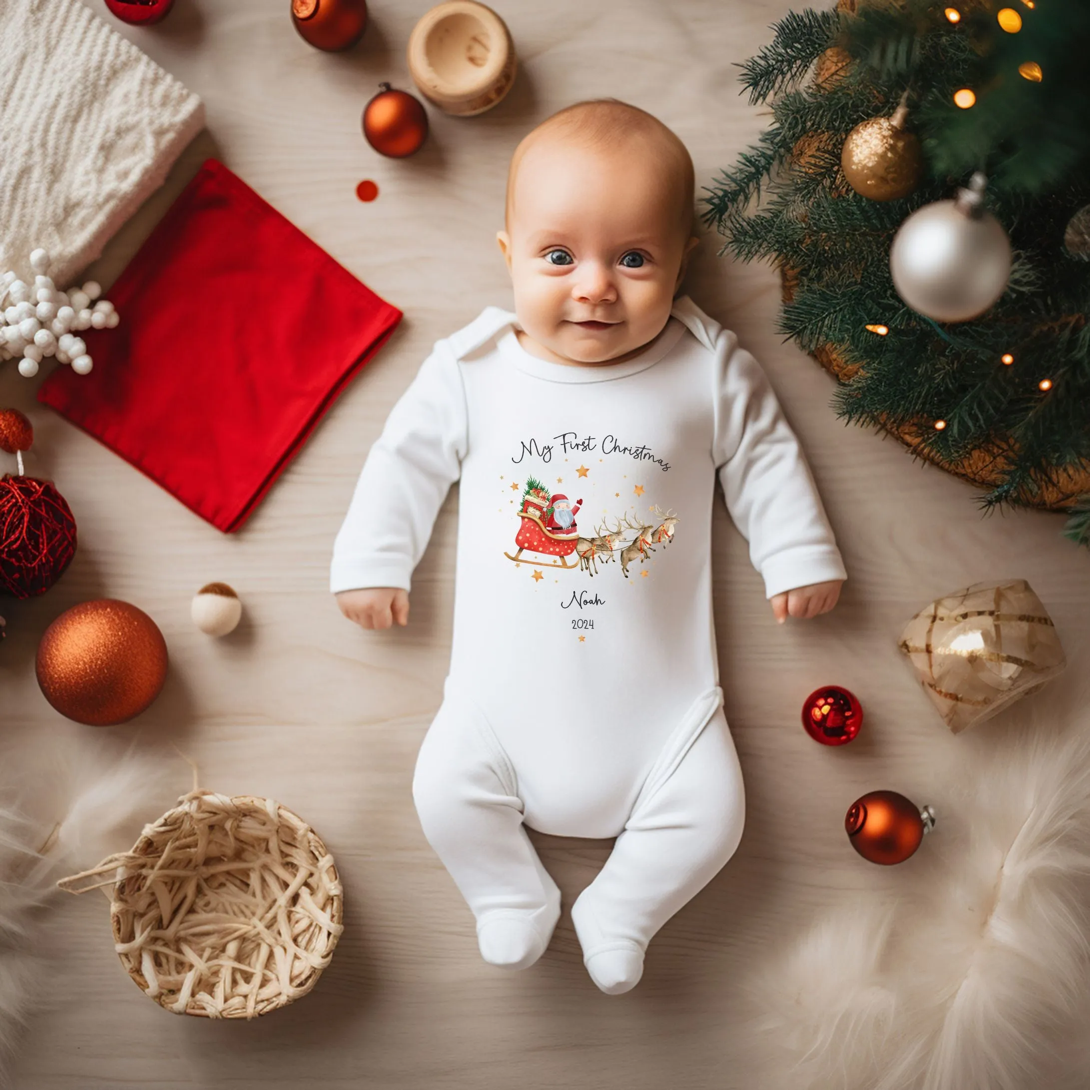 Personalised First Christmas Baby outfit- My First Christmas Sleepsuit or Vest  - 1st Xmas Santa Sleigh