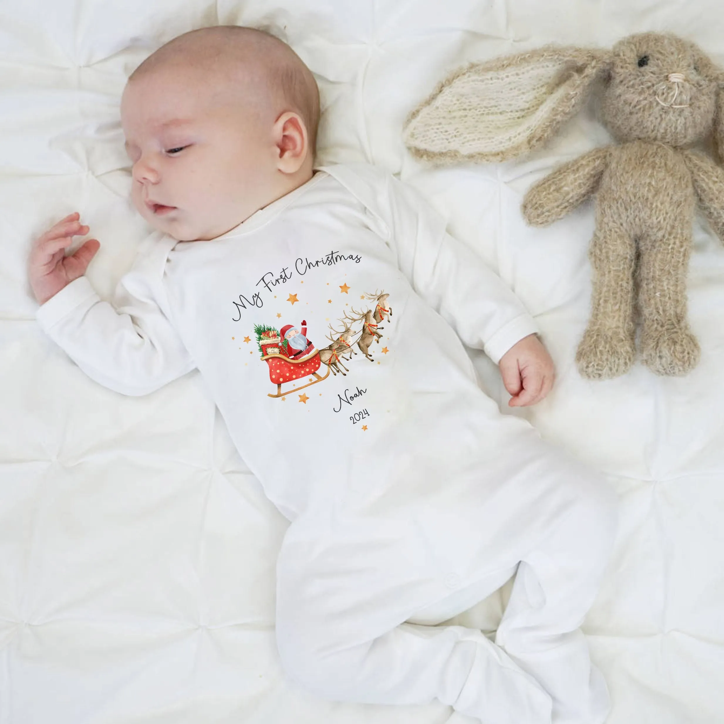 Personalised First Christmas Baby outfit- My First Christmas Sleepsuit or Vest  - 1st Xmas Santa Sleigh