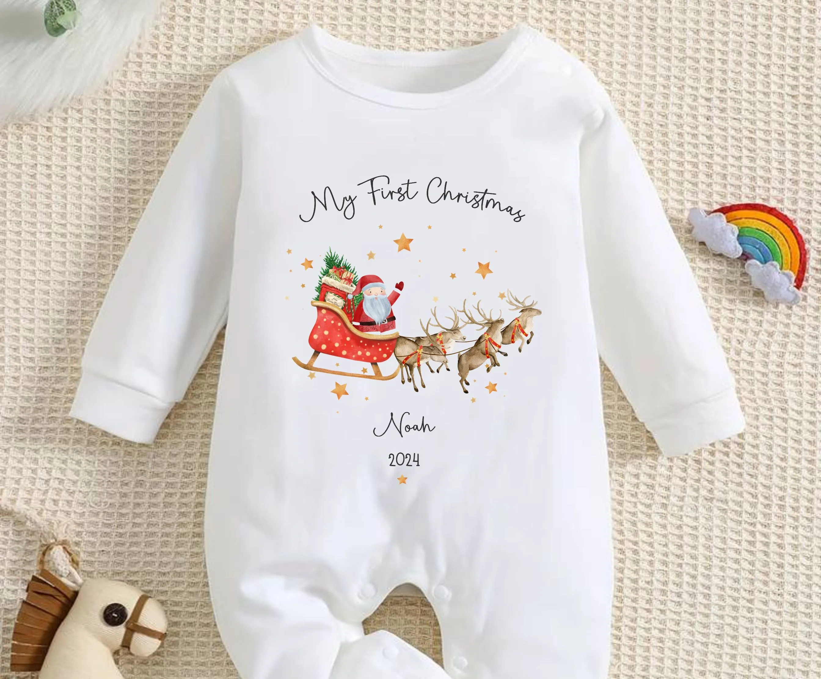 Personalised First Christmas Baby outfit- My First Christmas Sleepsuit or Vest  - 1st Xmas Santa Sleigh