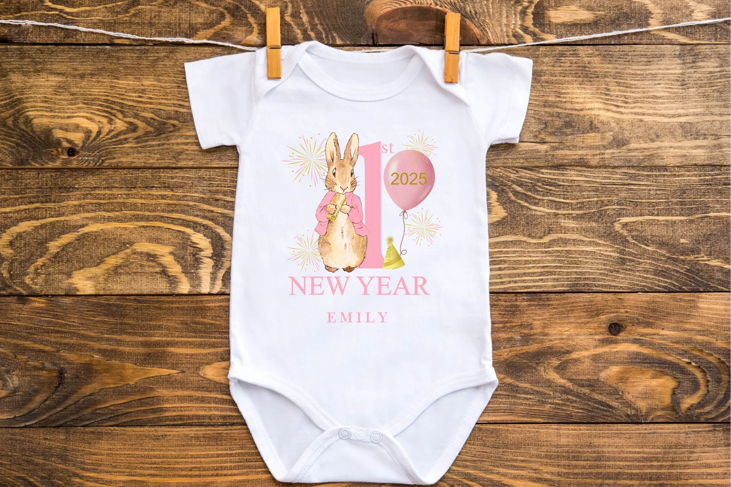 Personalised Peter Rabbit First New Years Eve Baby Outfit- My First New Years Eve Sleepsuit or Vest - 1st New Year Peter Rabbit