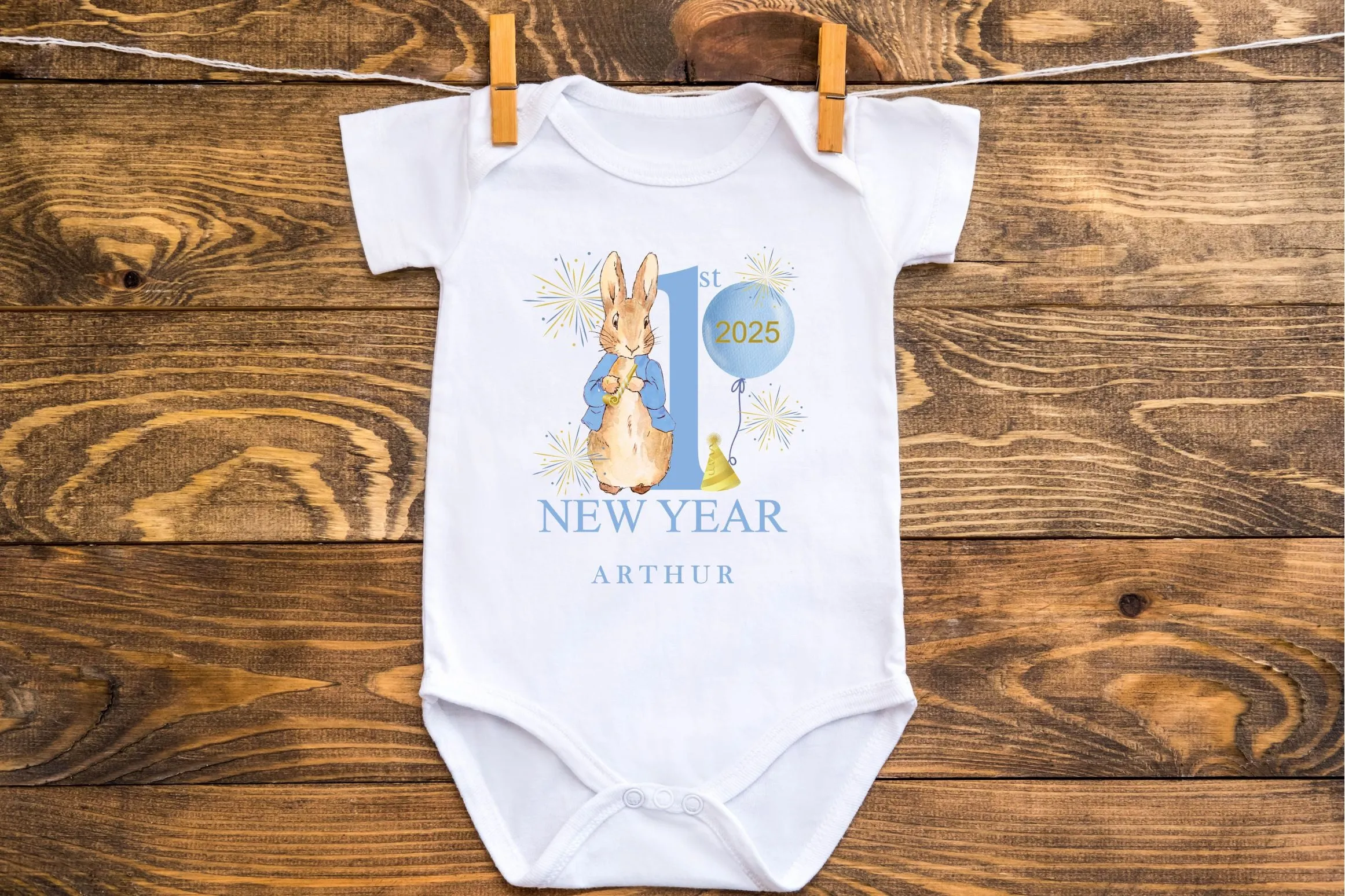 Personalised Peter Rabbit First New Years Eve Baby Outfit- My First New Years Eve Sleepsuit or Vest - 1st New Year Peter Rabbit