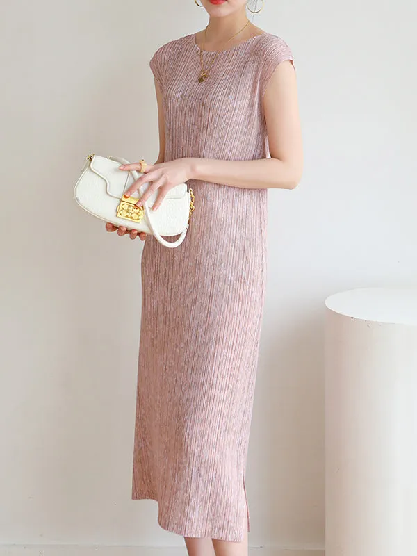 Pleated Sleeveless Round-neck Midi Dresses