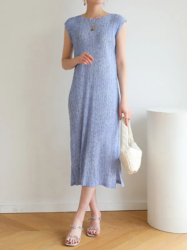 Pleated Sleeveless Round-neck Midi Dresses