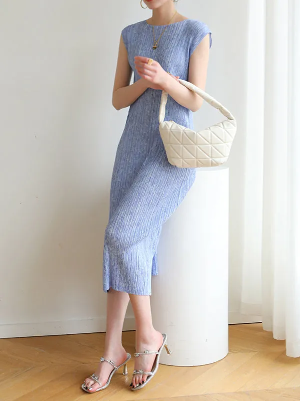 Pleated Sleeveless Round-neck Midi Dresses