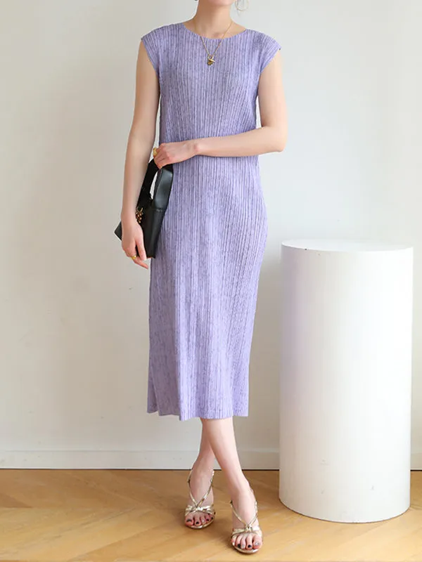 Pleated Sleeveless Round-neck Midi Dresses