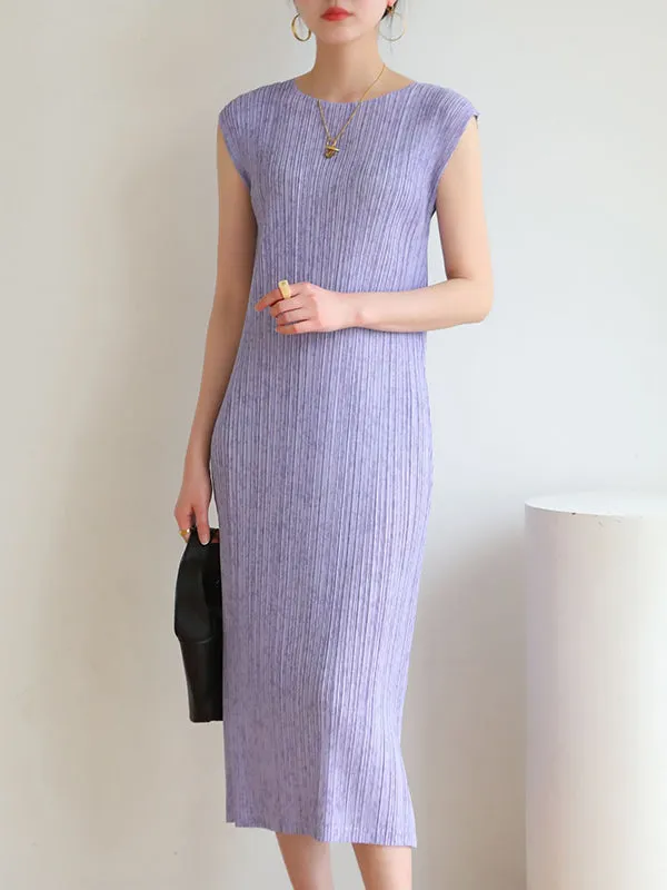 Pleated Sleeveless Round-neck Midi Dresses