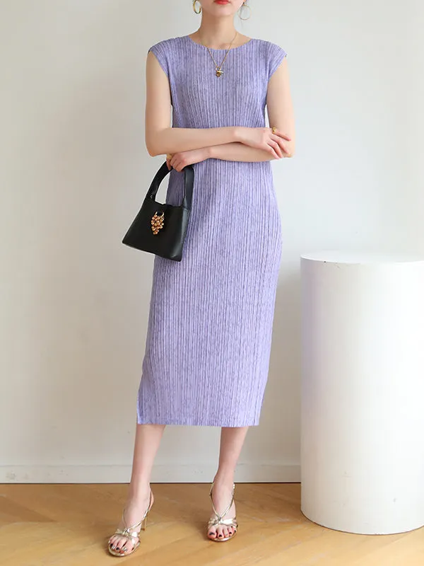 Pleated Sleeveless Round-neck Midi Dresses