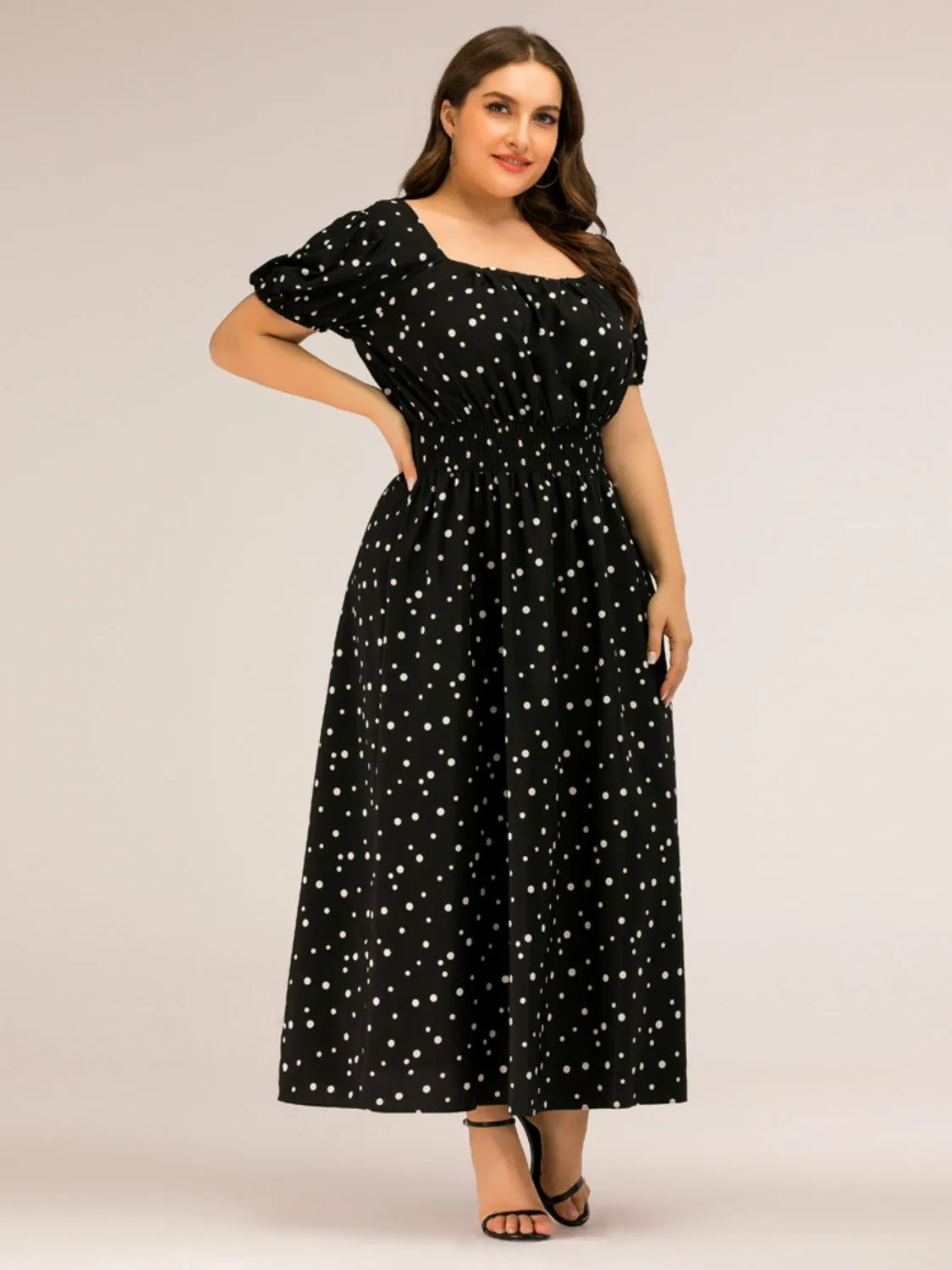 Plus Size Polka Dot Square Neck Dress