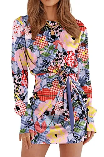 PRETTYGARDEN Women's 2023 Fall Satin Dress Long Sleeve Tie Waist Elegant Cocktail Party Mini Dresses (Dark Green,Small)