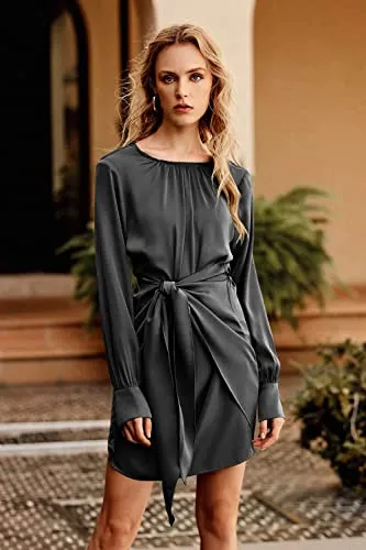 PRETTYGARDEN Women's 2023 Fall Satin Dress Long Sleeve Tie Waist Elegant Cocktail Party Mini Dresses (Dark Green,Small)