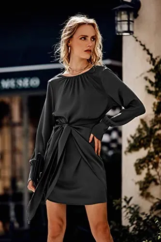 PRETTYGARDEN Women's 2023 Fall Satin Dress Long Sleeve Tie Waist Elegant Cocktail Party Mini Dresses (Dark Green,Small)