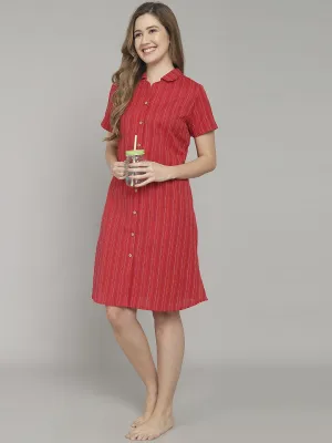 Red Strip Knee Length Cotton Sleep Shirt