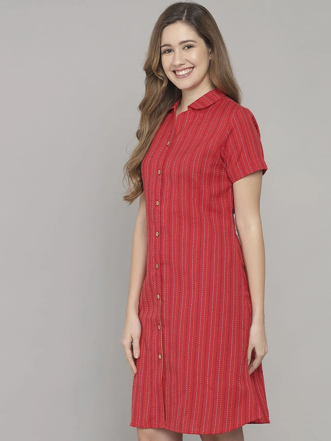 Red Strip Knee Length Cotton Sleep Shirt