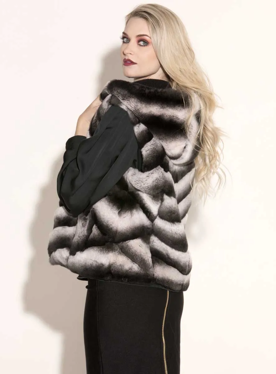 Reversible Chevron Rex Rabbit Fur Vest with Hood