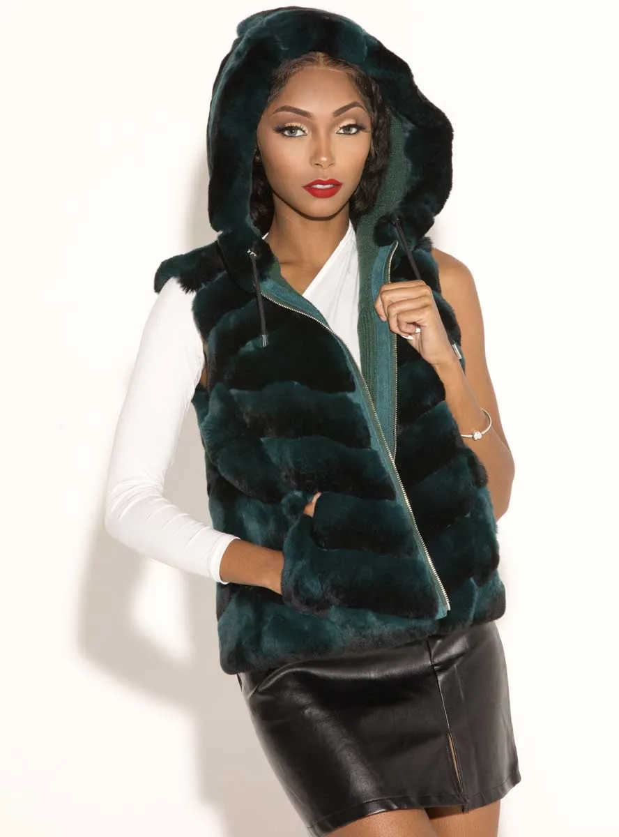 Reversible Chevron Rex Rabbit Fur Vest with Hood